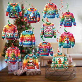 12 Pcs Merry Christmas Sweater Swirl Pendants Hanging Xmas Tree Snowman Paper Sweater Ornaments Santa Claus Gingerbread Man Pattern Spiral Ceiling Pen