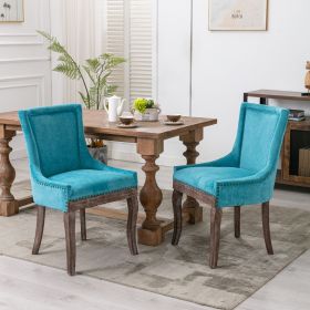 A&A Furniture,Ultra Side Dining Chair, Thickened fabric chairs with neutrally toned solid wood legs, Bronze nail head, Set of 2, Blue