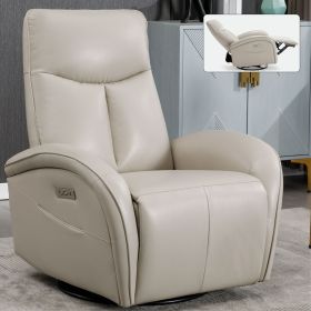 Beige Grey Leatheraire Swivel and Rocker Power Recliner Chair with Lumbar Support, Max Swivel Degree 270°