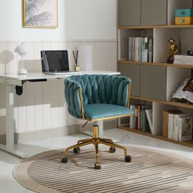 Velvet Vanity Chair with Wheels, Accent Chair Makeup Chair with Hand Woven Backrest, Modern 360° Swivel Home Office Desk Chair for Study, Bedroom (Color: Green)