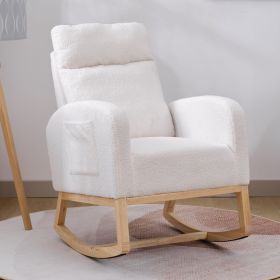 Modern Accent Rocking Chair Rocking Chair with Solid Wood Legs, Upholstered Nursery Glider Rocker, Comfy Armchair with Side Pocket (Color: White)