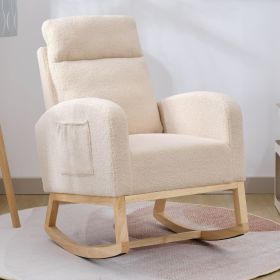 Modern Accent Rocking Chair Rocking Chair with Solid Wood Legs, Upholstered Nursery Glider Rocker, Comfy Armchair with Side Pocket (Color: Beige)