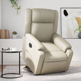 Electric Stand up Massage Recliner Chair Cream Faux Leather (Color: Cream)