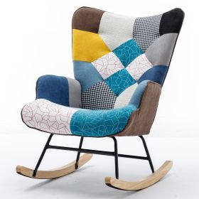 Modern Patchwork Accent Chair with Solid Wood Armrest and Feet, Kids Rocking Chair Nursery,Comfy Wingback Baby Rocker Glider Chair for Nursery (Color: Blue+Multicolor+Clashing Color, Material: Cotton Linen)